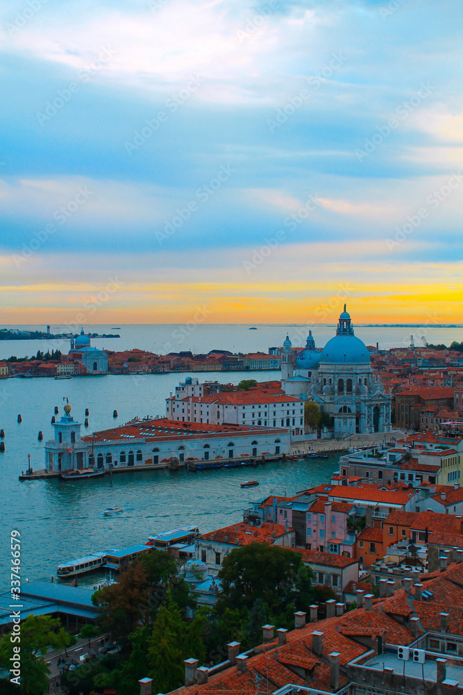 Santa Maria della Salute in Venice. Cityscape Venice Italy. Top view of old town Venice at sunset. Poster, postcard.