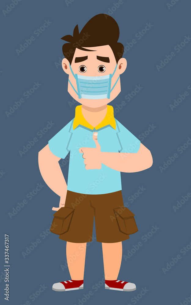 cute boy wearing mask for protect pollution and virus. Cute kid flat style character for design, motion or design.