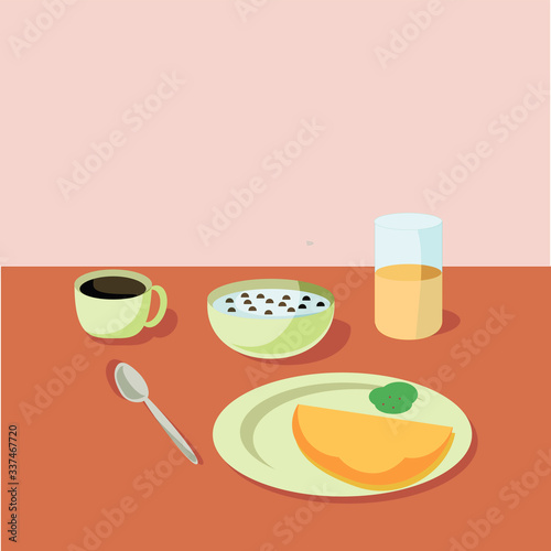 Vector breakfast concept with food and drinks with flat icons in circle composition. Breakfast composition sandwich and omelette, breakfast food bakery illustration