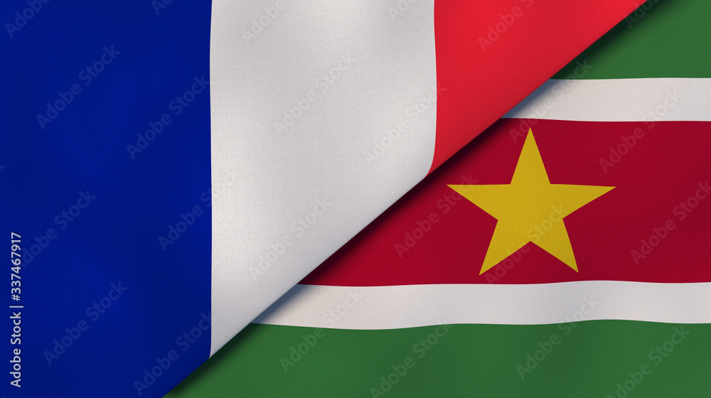 The flags of France and Suriname. News, reportage, business background. 3d illustration
