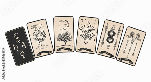 Tarot card with symbols vector illustration. Tarot cards collection for fortune telling. 