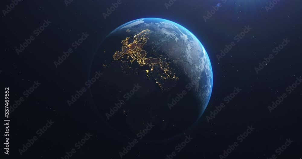 Planet Earth from Space EU European Countries highlighted, state borders and counties animation, city lights, 3d illustration, elements of this image courtesy of NASA