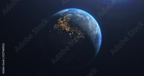 Planet Earth from Space EU European Countries highlighted, state borders and counties animation, city lights, 3d illustration, elements of this image courtesy of NASA