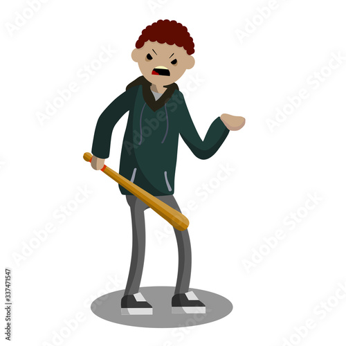 Man with baseball bat is extorting money. Problem of urban security. Thief at work. Extortion and robbery. Cartoon flat illustration