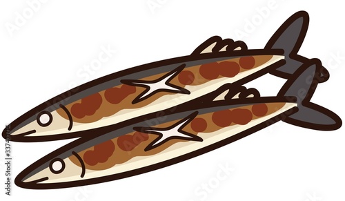 Illustration of outlined cooked saury fish