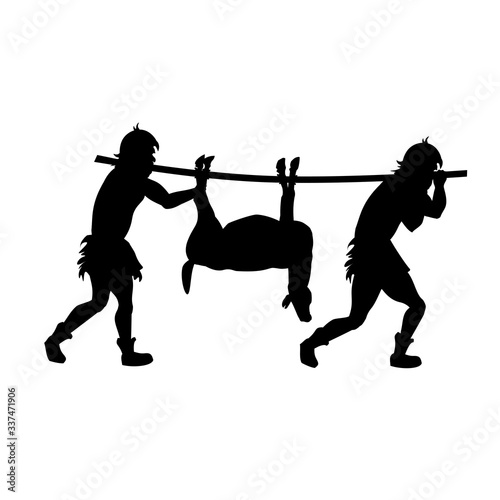 Primitive people return from hunting with prey