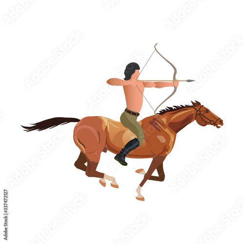 Naked man is riding a horse and aiming from the bow.