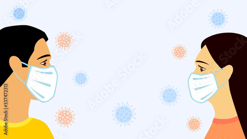 Social distancing men & women in medical mask. Lockdown pandemic outbreak Coronavirus Covid-19. 2019-nCoV symptoms in Wuhan China, warning and quarantine