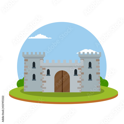 Medieval castle. Old fortress. European architecture and city centre. Military building of knight and king. Defense and reliability. Tower, wall and gate. Cartoon flat illustration. Green landscape