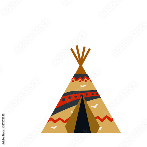 Indian wigwam. Tent made of skins. Brown tepee. Tribal hut. Cartoon flat illustration. Home of native American