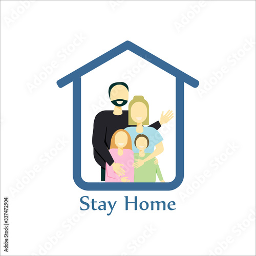 I stay at home awareness social media campaign and coronavirus prevention: family smiling and staying together