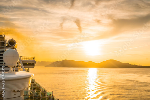 balcony of Diamond princess cruise ship with service Bar and Swimming pool with the view of Takamatsu port in background. photo