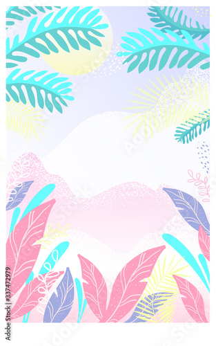 Modern artistic cards design template. Abstract background designs with tropical leaves . Colorful trendy shapes.Vector illustration.