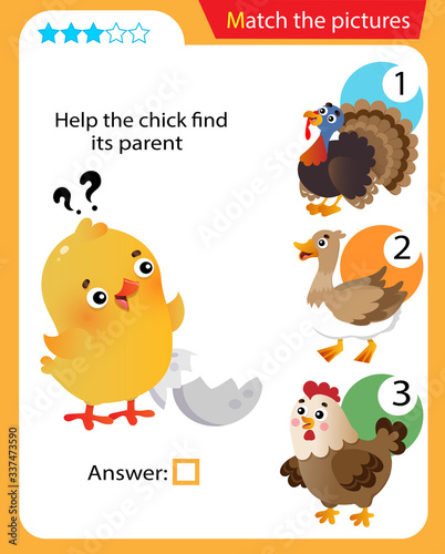 Matching game, education game for children. Puzzle for kids. Match the right object. Help the chick or nestling find its parent.