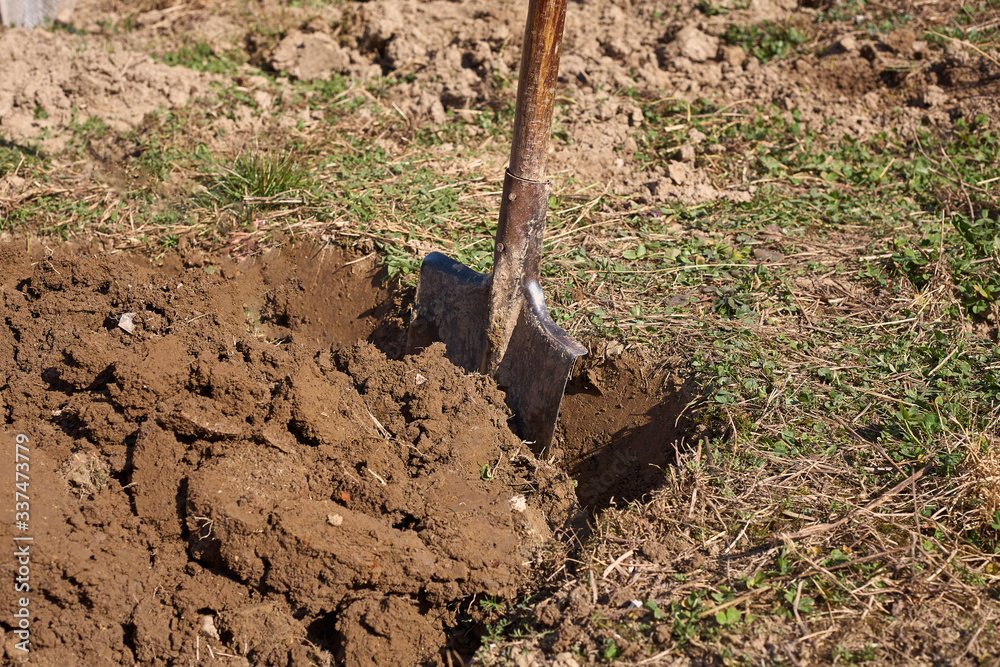 An old shovel is pushed into the ground with a pin. An old shovel is pushed into the ground with a pin.