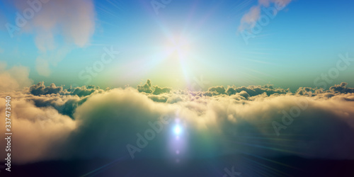 Beautiful aerial view above clouds with sunset. 3d illustration