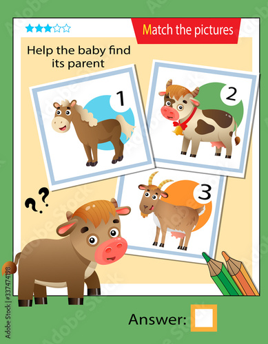 Matching game, education game for children. Puzzle for kids. Match the right object. Help the little calf find its parent.