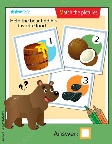 Matching game, education game for children. Puzzle for kids. Match the right object. Help the bear find his favorite food.