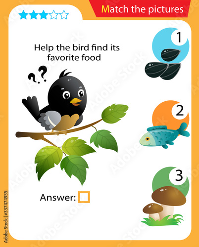 Matching game, education game for children. Puzzle for kids. Match the right object. Help the bird find its favorite food.