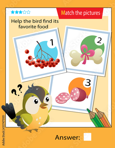 Matching game, education game for children. Puzzle for kids. Match the right object. Help the bird find its favorite food.