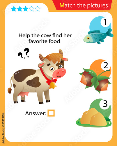 Matching game, education game for children. Puzzle for kids. Match the right object. Help the cow find her favorite food.