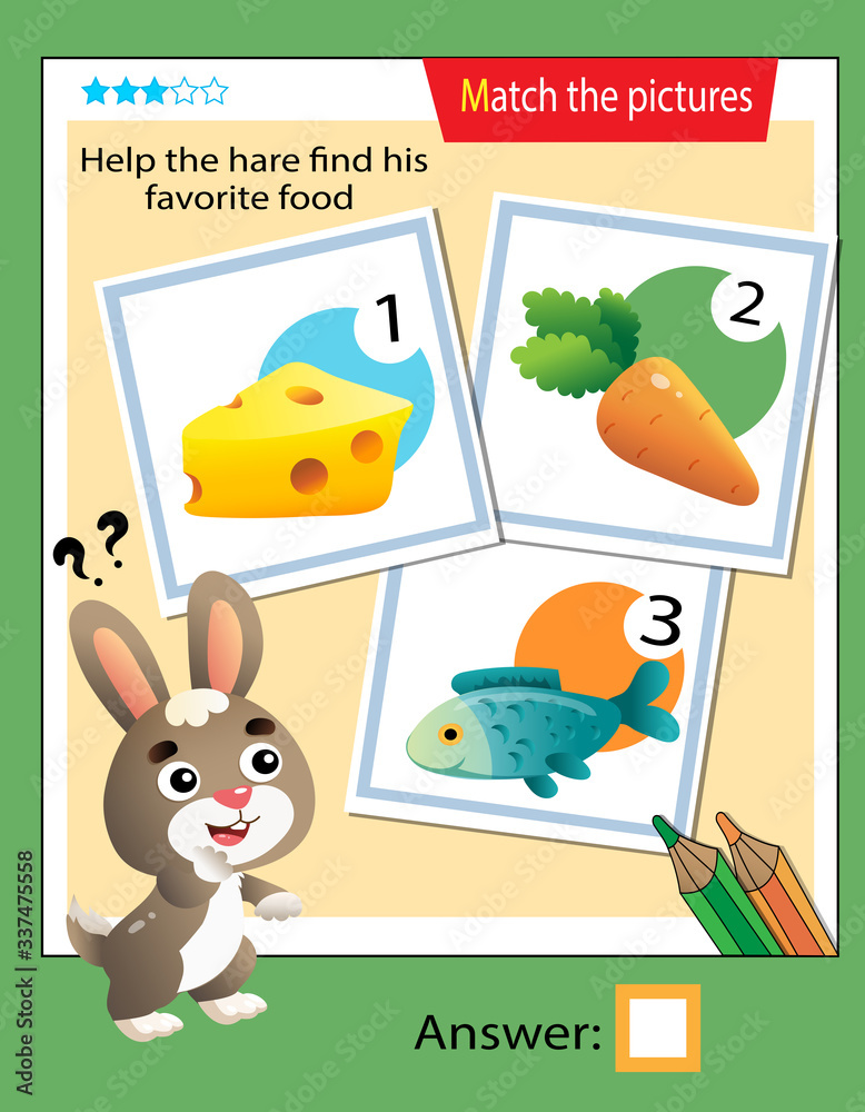 Matching game, education game for children. Puzzle for kids. Match the right object. Help the hare find his favorite food.