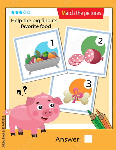 Matching game, education game for children. Puzzle for kids. Match the right object. Help the pig find its favorite food.
