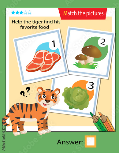 Matching game, education game for children. Puzzle for kids. Match the right object. Help the tiger find his favorite food.