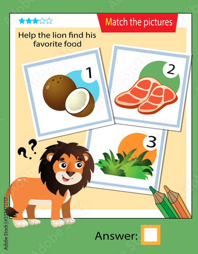 Matching game, education game for children. Puzzle for kids. Match the right object. Help the lion find his favorite food.