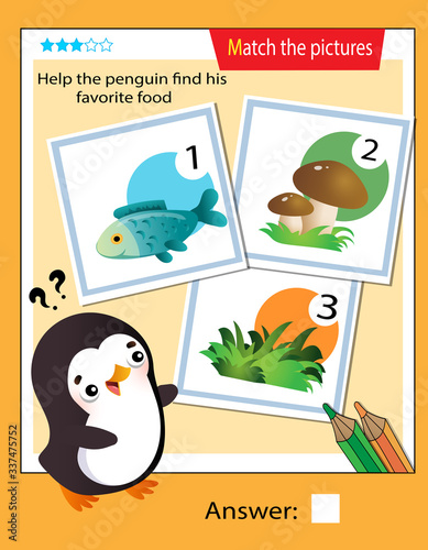 Matching game, education game for children. Puzzle for kids. Match the right object. Help the penguin find his favorite food.