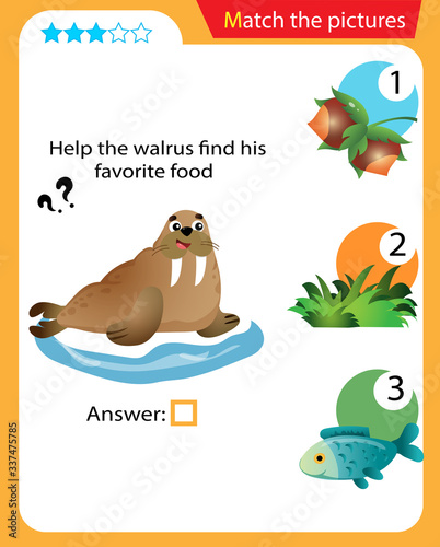 Matching game, education game for children. Puzzle for kids. Match the right object. Help the walrus or seal find his favorite food.