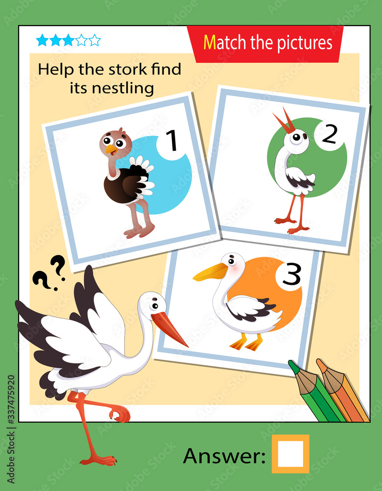 Fototapeta premium Matching game, education game for children. Puzzle for kids. Match the right object. Help the stork find its nestling.