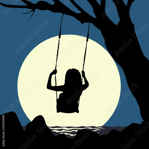 Girl on a swing hanging on a tree by the sea with fool moon vector illustration