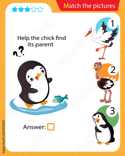 Matching game, education game for children. Puzzle for kids. Match the right object. Help the little penguin find his parent.