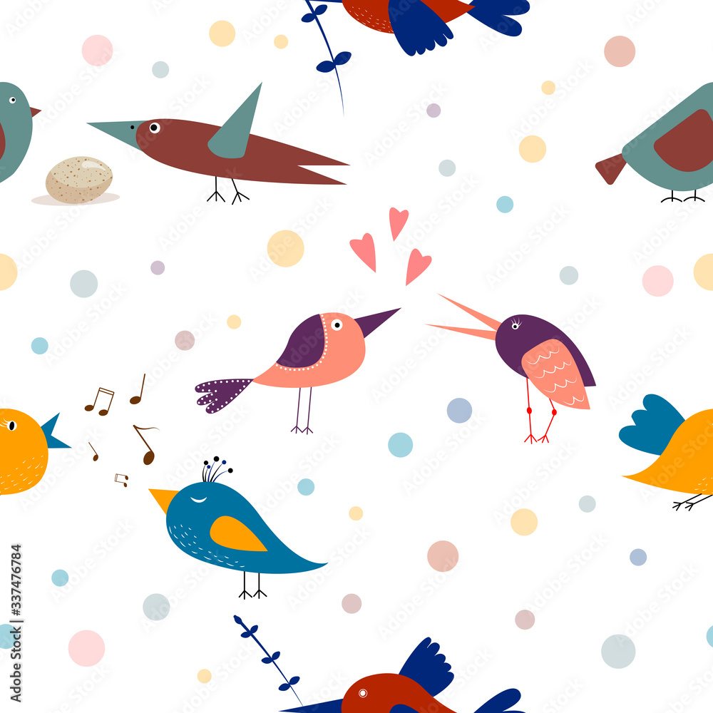 cute colorful birds. Spring summer time. Gift wrapping, room decor, textile print. seamless vector pattern