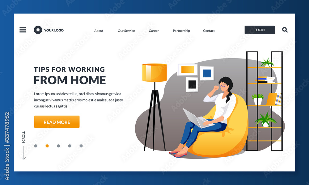 Work at home, remote work, freelance concept. Woman or freelancer sitting on armchair using laptop. Vector illustration - obrazy, fototapety, plakaty 