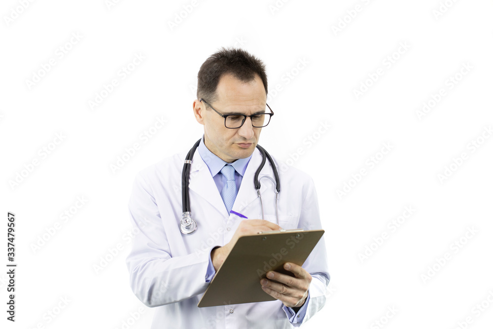 Handsome serious male senior age doctor in white lab coat and stethoscope writing medicine prescription on clipboard on isolated white background. Copy space. Prescription, healthcare concept Handsome serious male senior age doctor in white lab coat and stethoscope writing medicine prescription on clipboard on isolated white background. Copy space. Prescription, healthcare concept