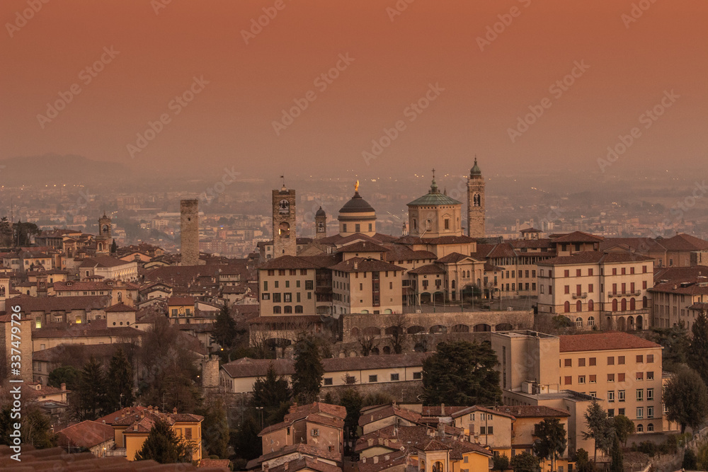 Fototapeta premium the city of Bergamo, with its monuments, the UNESCO World Heritage Venetian walls that surround the upper city