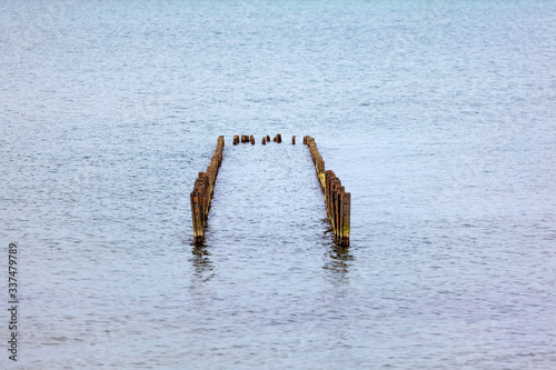 Landscape of sea with iron Breakwater. Black Sea, Poti, Georgia