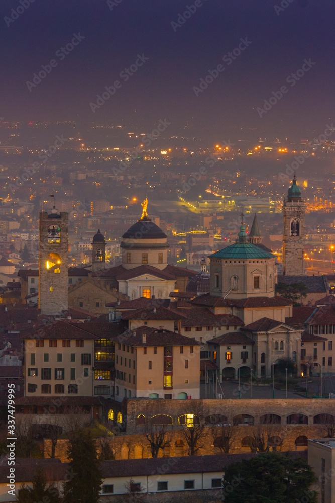 the city of Bergamo, with its monuments, the UNESCO World Heritage Venetian walls that surround the upper city