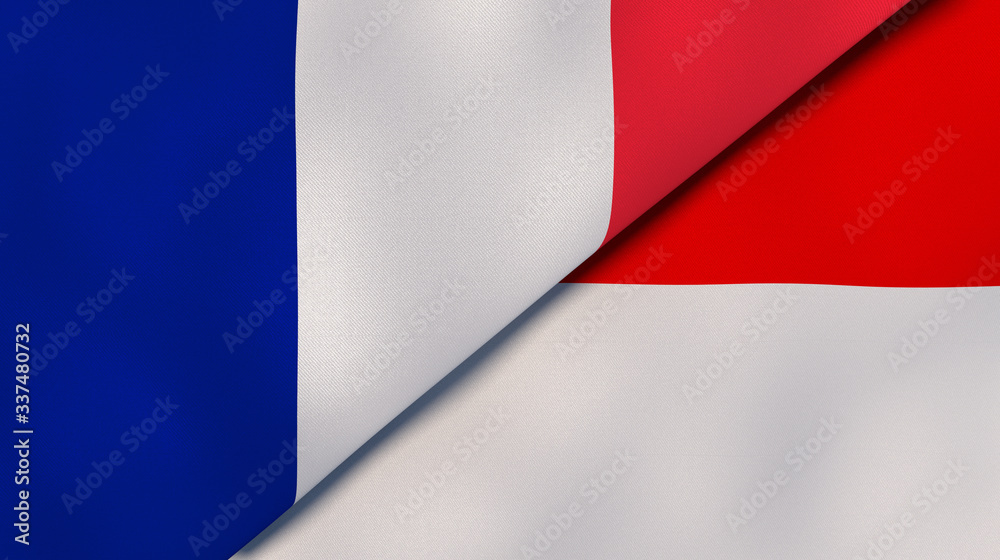 The flags of France and Indonesia. News, reportage, business background. 3d illustration