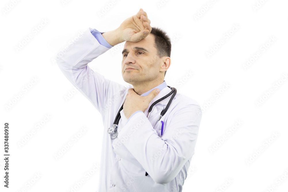 Sore throat and headache. The doctor got the virus. Unpleasant sensations. Infection. Portrait of an adult Caucasian man. The person is sick. White background. Studio shot. Sore throat and headache. The doctor got the virus. Unpleasant sensations. Infection. Portrait of an adult Caucasian man. The person is sick. White background. Studio shot.