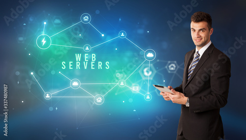 Fototapeta Naklejka Na Ścianę i Meble -  Businessman in front of cloud service icons with WEB SERVERS inscription, modern technology concept