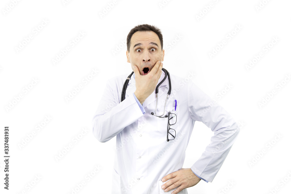 Portrait of adult physician in white medical coat with stethoscope over neck, medical professional scared in shock, expressing panic and fear isolated over white background. Portrait of adult physician in white medical coat with stethoscope over neck, medical professional scared in shock, expressing panic and fear isolated over white background.