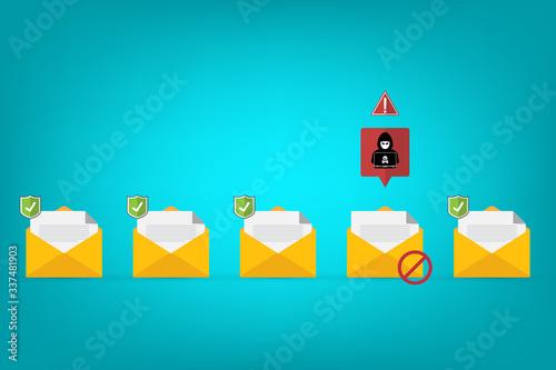 Email / envelope with black document and skull icon. Virus, malware, email fraud, e-mail spam, phishing scam, hacker attack concept. Vector illustration	