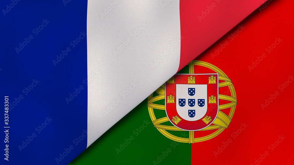 The flags of France and Portugal. News, reportage, business background. 3d illustration