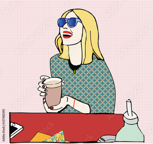 Happy woman drinks latte