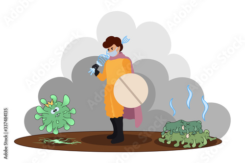 Victory over the virus. Vaccine against the covid-19 coronavirus. People are fighting a pandemic. Prevention from viruses. Protect from viruses and infections. Flat Cartoon Vector Illustration.