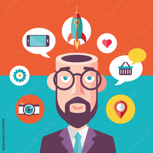 Ilustración de Gurú Tecnológico rodeado de Proyectos e Ideas en formato Vectorial
