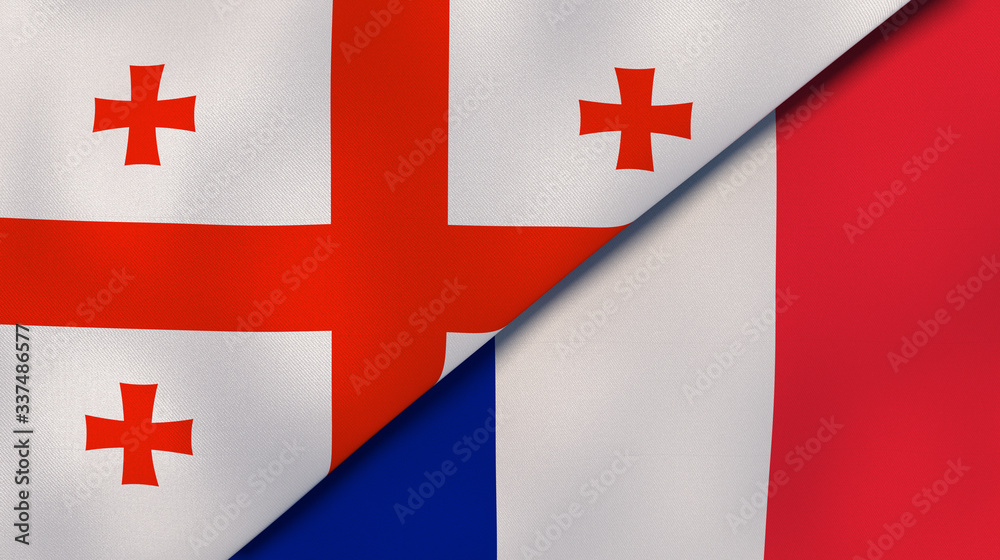 The flags of Georgia and France. News, reportage, business background. 3d illustration